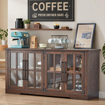 Farmhouse 63" Buffet Sideboard Cabinet with Glass Door, Large Storage Cabinet with Adjustable Shelf