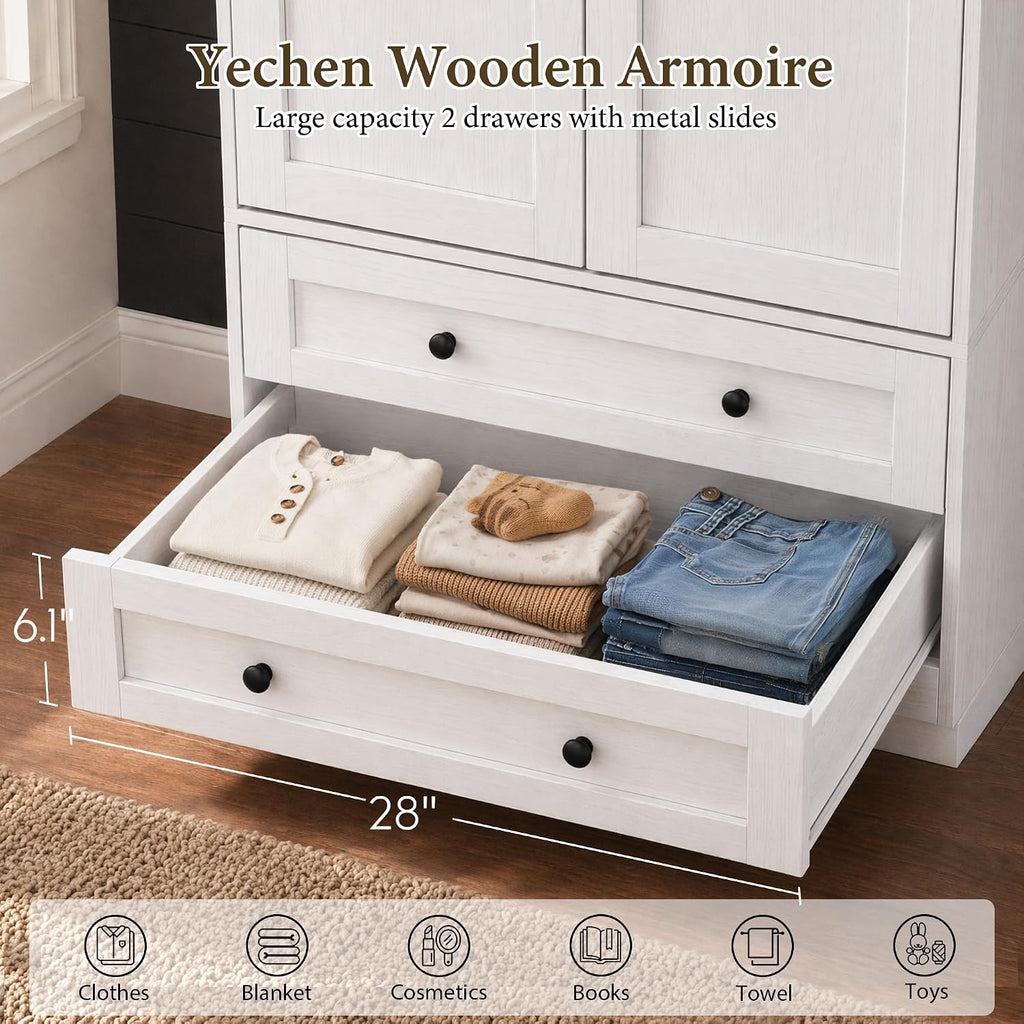 71" Wooden Armoire Wardrobe Closet with 2 Doors & 2 Drawers, White | Modern Tall Storage Cabinet with Adjustable