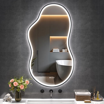 Irregular Bathroom Mirror with Lights - 25"x45" LED Asymmetrical Wall Mirror, Abstract Modern Lighted Vanity Mirror