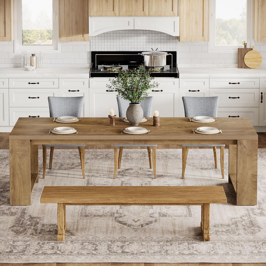 86.61-Inch Dining Table for 6 People, Modern Narrow Long Kitchen Table with Pedestal Base, Farmhouse Extra Long