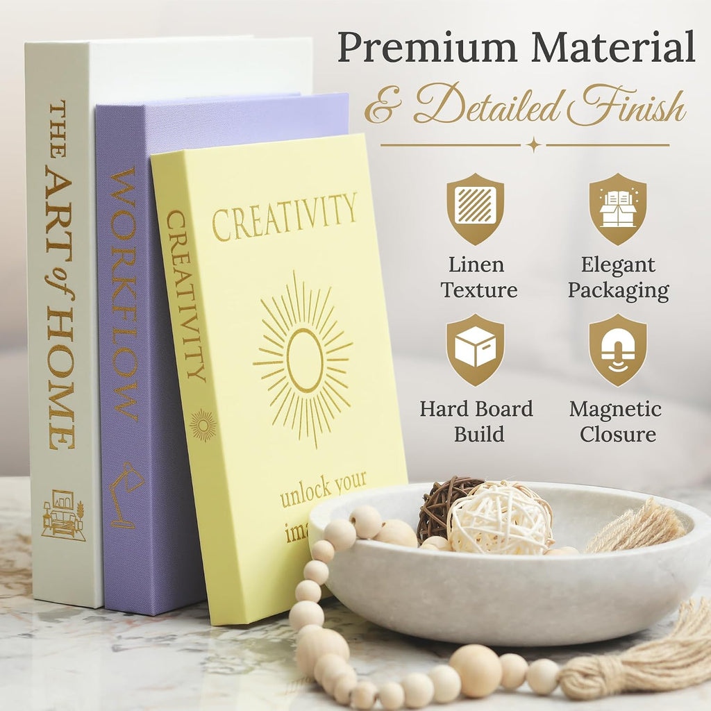 Decorative Books Set of 5 with Hidden Storage & Magnetic Closure - Oxford Linen Faux Books with Gold Foil Embossing |