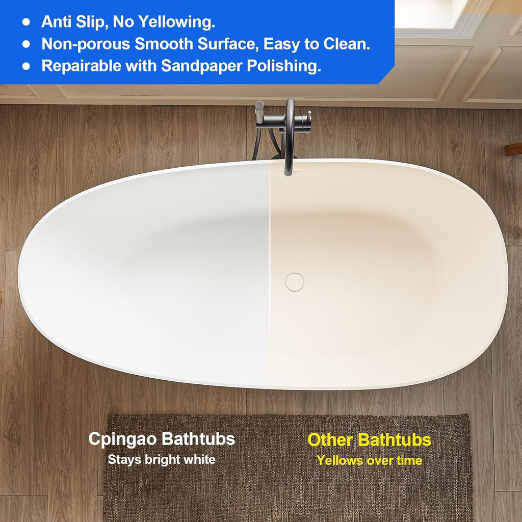 71" Solid Surface Bathtub, Stone Resin Freestanding Soak Tub for Bathroom, Non-Porous & Warm to Touch Surface, Matte