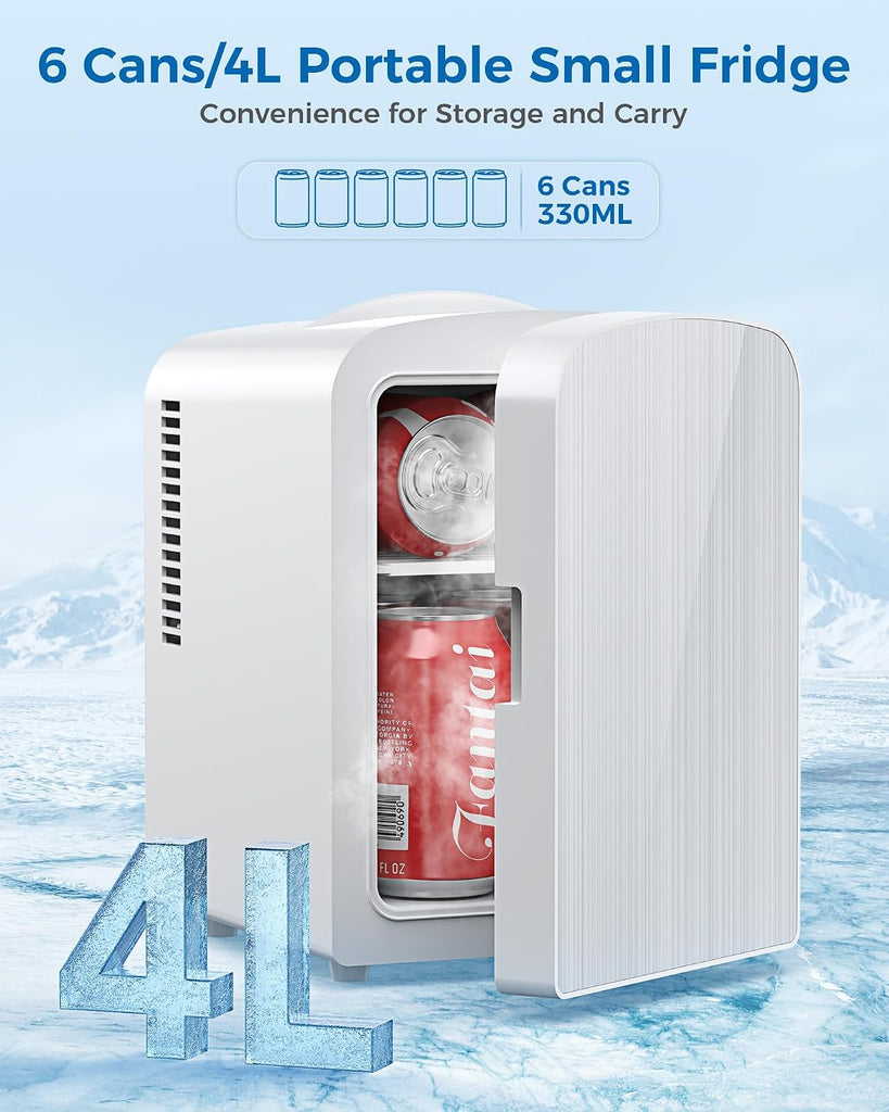 4L/6 Cans Mini Fridge, Portable Compact Refrigerator, Small Skin Care Fridge, Food and Drinks, Small Cooler for Bedroom, Dorm, Car, Office, White