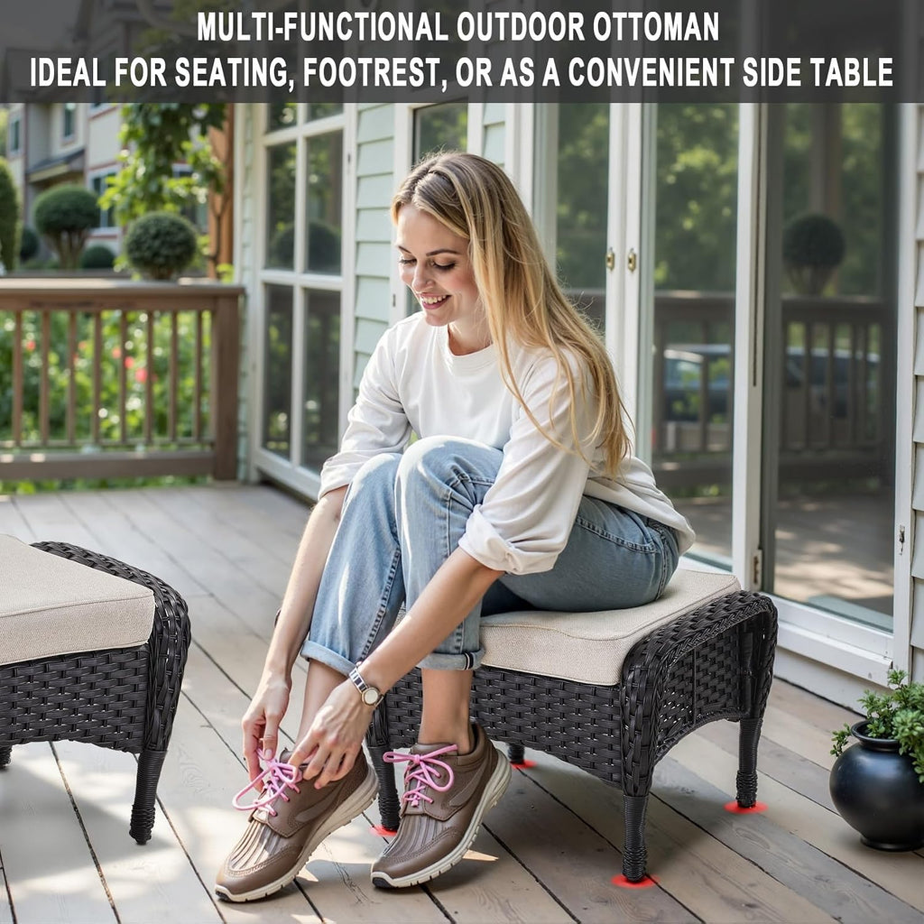 Outdoor Ottomans Foot Rest - 25 Inch PE Wicker Foot Stool Set of 2 with Removable Cushions Furniture Sets,All Weather