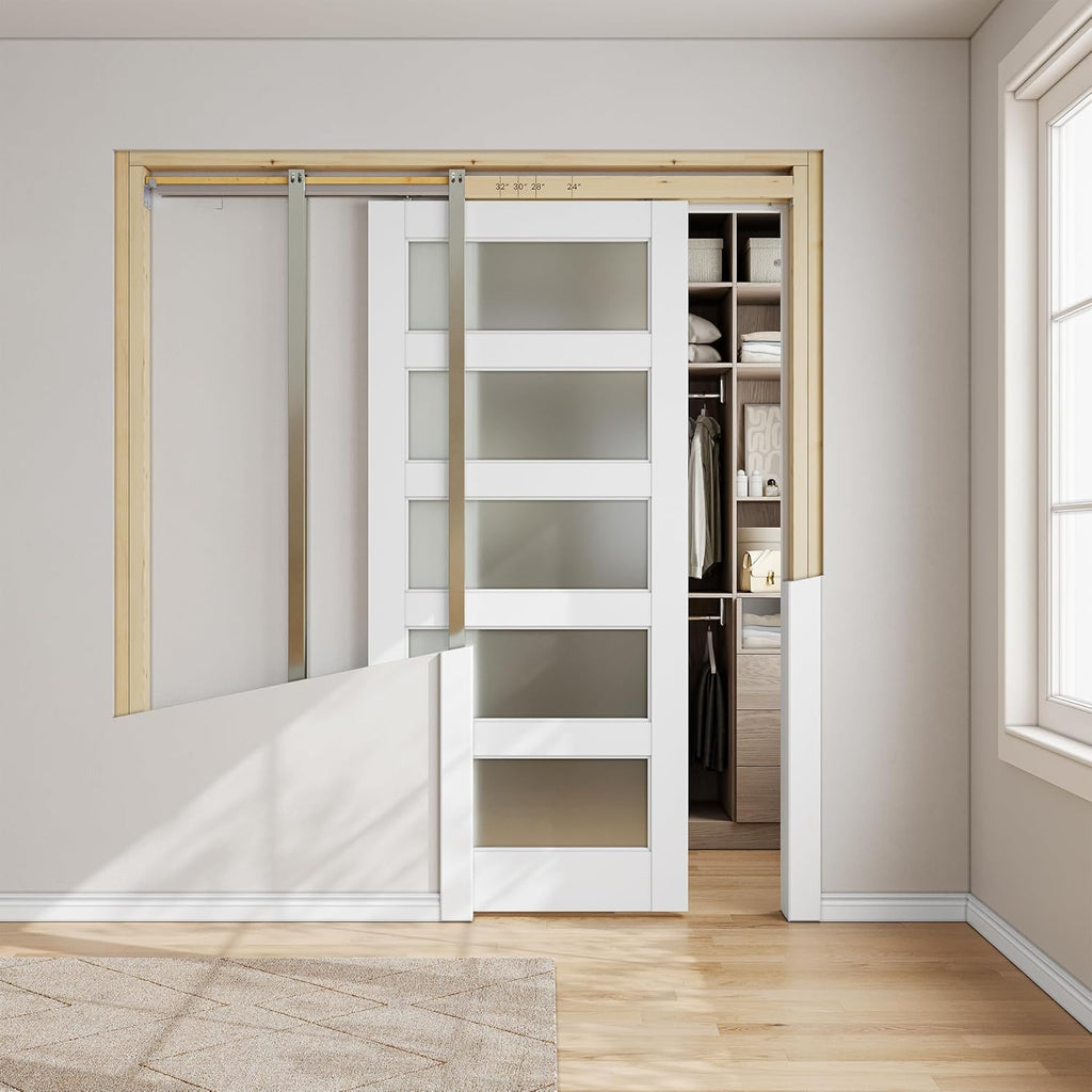 Sliding Pocket Door 24" x 80", 5-Panel Frosted Glass Panel with Soft Close Pocket Door Frame Kit, In