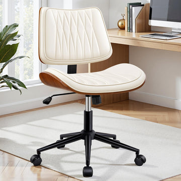 Ergonomic Armless Office Desk Chair - Mid-Century Modern White Faux Leather with Diamond Stitch, Adjustable Height