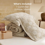Queen Comforter Set Beige, Boho Tufted Bed Set, Checkered Farmhouse Shabby Chic Bedding, 3 Pieces