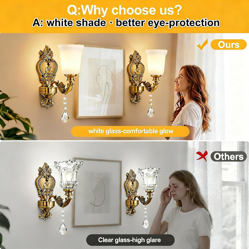 2-Pack Retro Gold Wall Sconce with Milk White Glass Shade, K9 Crystal Pendant, Hardwired Vintage Wall Lamp Lighting
