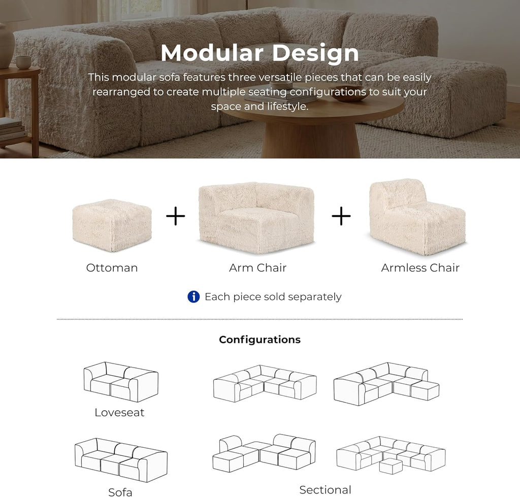 Havyn Modern Faux Fur 5-Seater L-Shaped Modular Foam Sectional Sofa, Compressed Couch in a Box, No Assembly Required