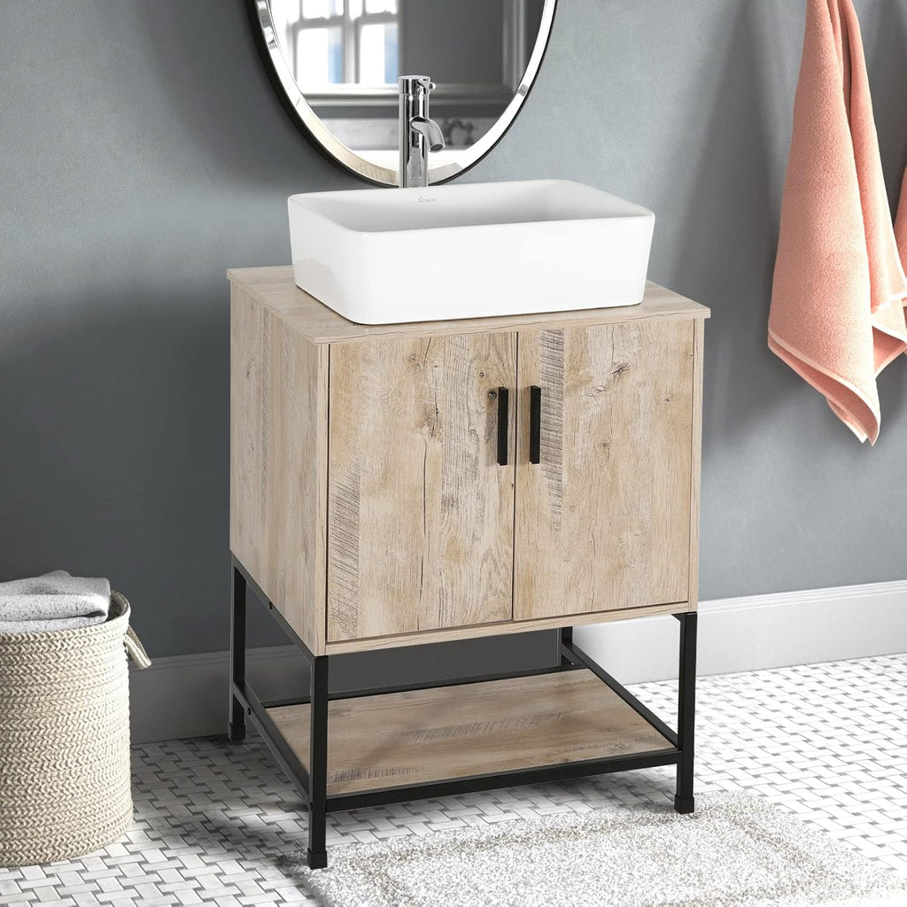 24" Bathroom Vanity Sink Combo Modern Metal Stand Cabinet W/Bottom Shelf White Rectangle Vessel Sink & Water