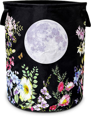 Full Moon Flowers Laundry Basket Foldable Waterproof Hamper 18.9x16.5 Inch | Oxford Cloth With Reinforced Handles