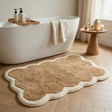 Beige Bath Mat, Cute Scalloped Non Slip Bathroom Rug, Soft Washable Quick Dry Absorbent Microfiber Plush Decor Floor