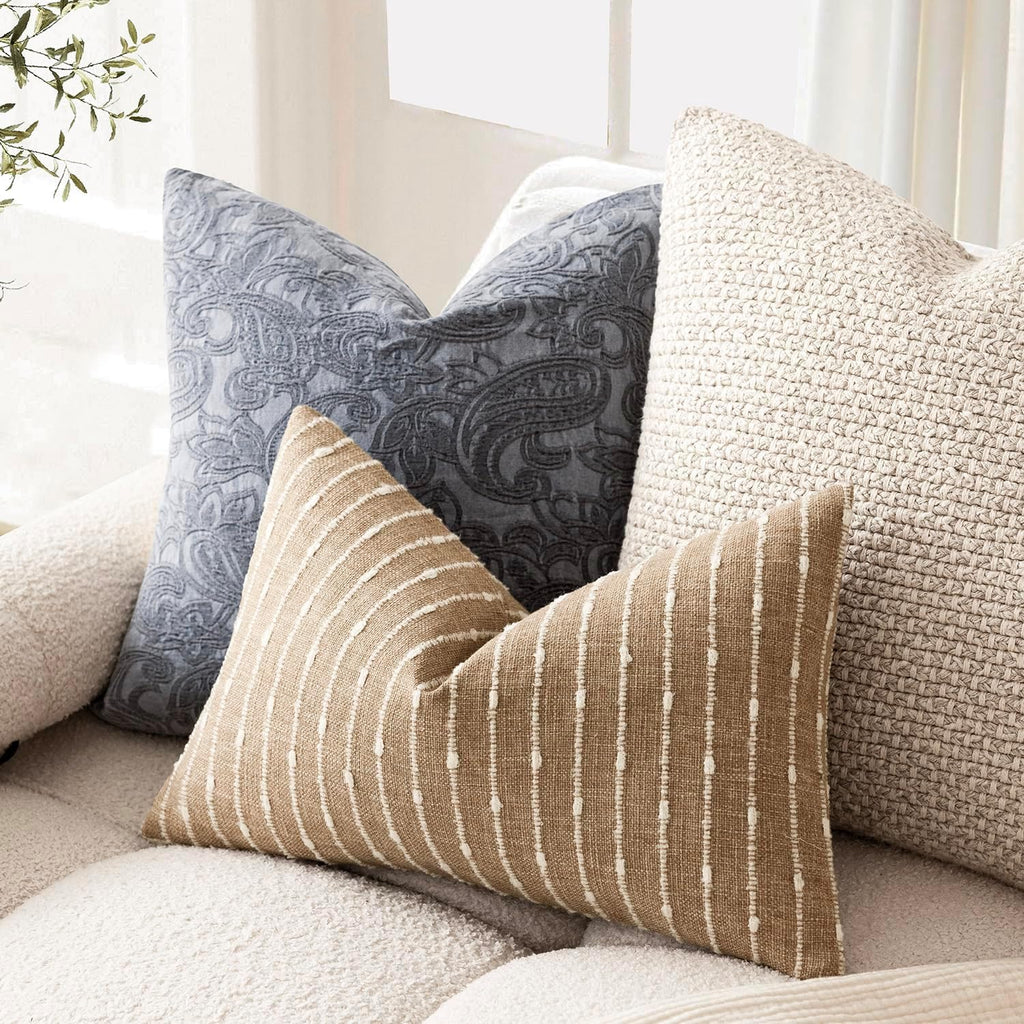 Pack of 2 Decorative Jacquard Boucle Lumbar Throw Pillow Covers Accent Textured Striped Pillowcases Cozy Boho Cushion