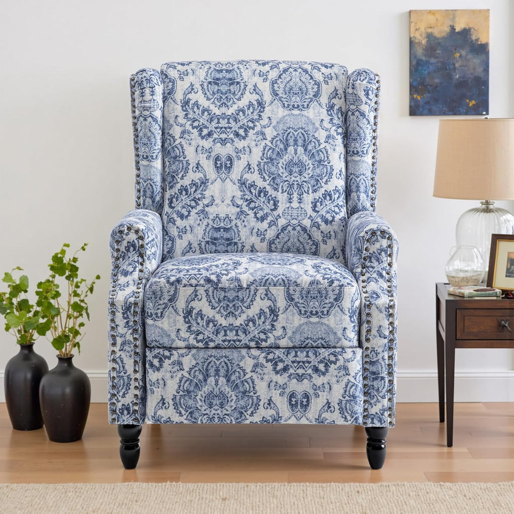 Pushback Floral Recliner Chair, Fabric Upholstered Armchair Push Back Accent Chair for Living Room
