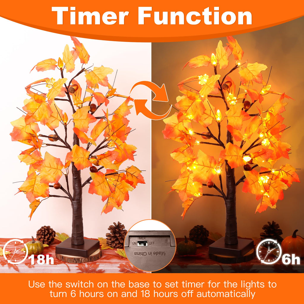 2 Packs 24 Inch Lighted Maple Tree Fall Thanksgiving Decorations with 48 LEDs Timer Battery Operated 3D Acorn Maple