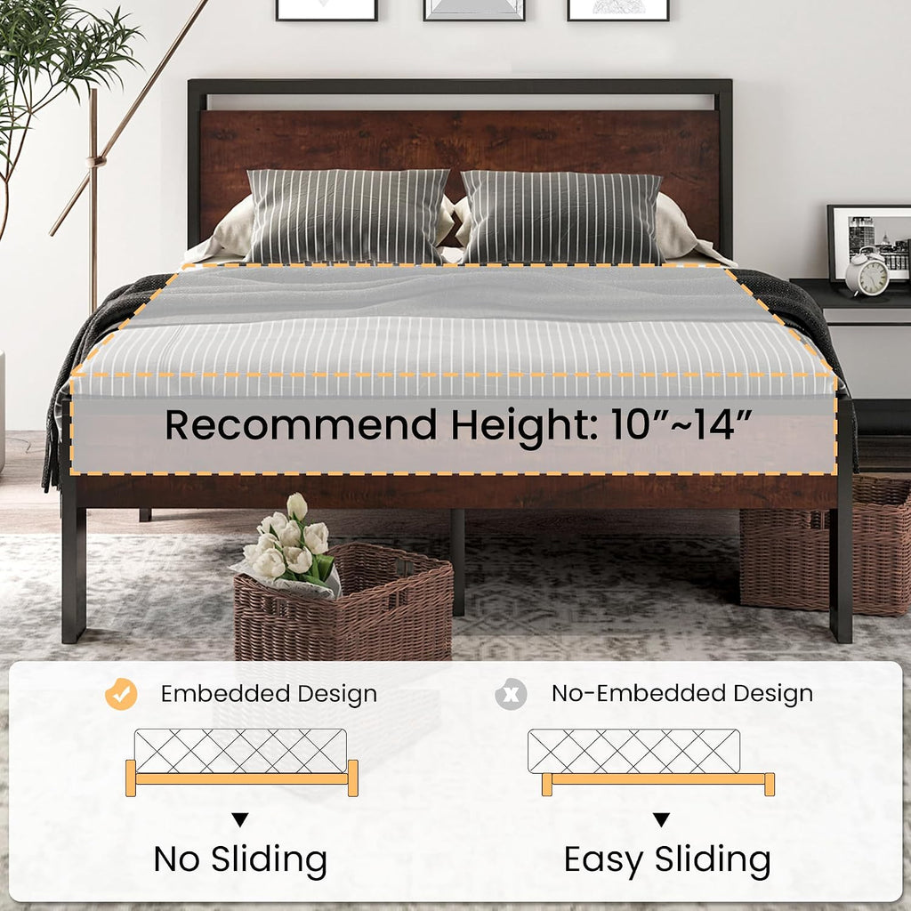 14 Inch Queen Metal Platform Bed Frame with Wooden Headboard and Footboard, Mattress Foundation, No Box Spring