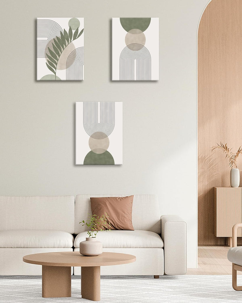 CM Sage Green Boho Wall Art, Botanical Geometric Framed Canvas Bathroom Wall Art, Mid-Century Modern Wood Frame