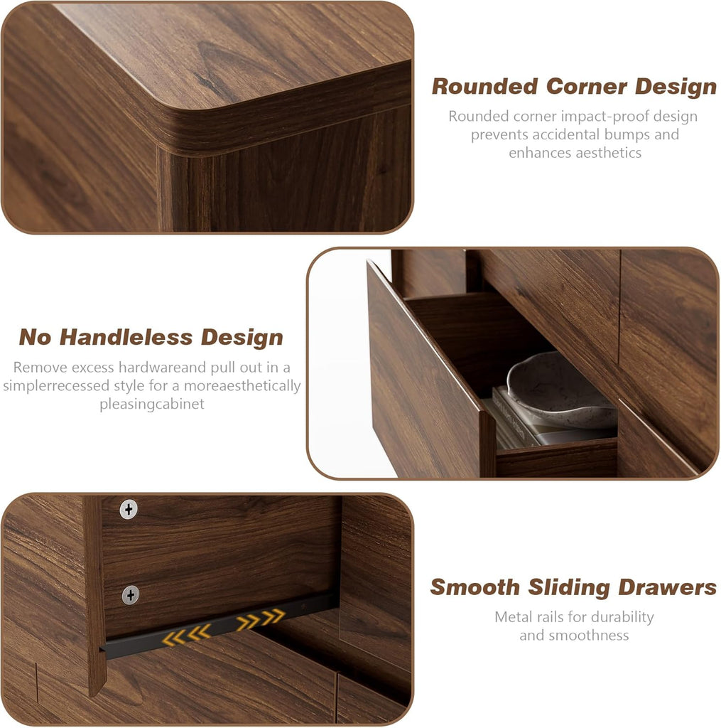9 Drawer Walnut Dresser , 55" Wide Modern Chest of Drawers with 9 Large Storage Space with Curved Edge Design, Large