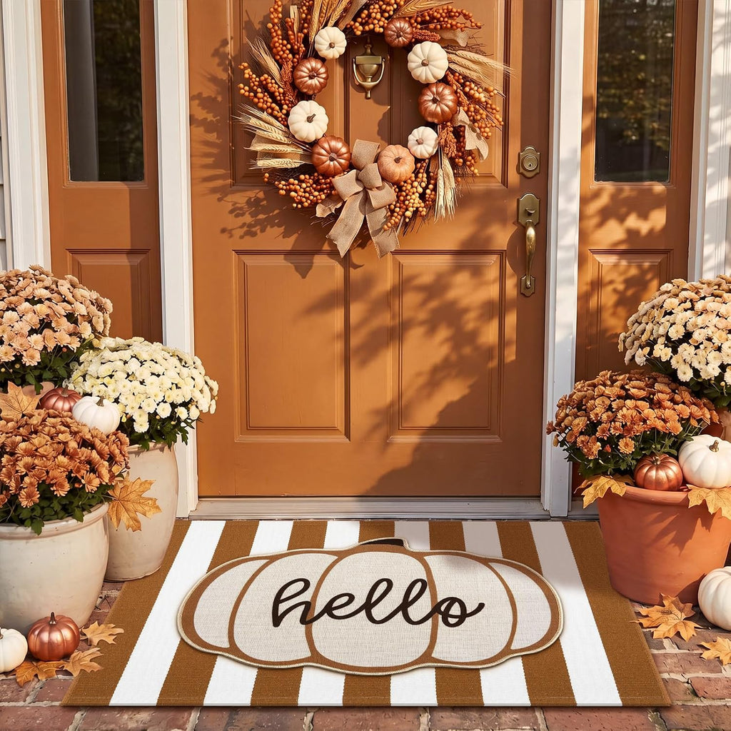 24" X 36" Pumpkin Layered Doormat Set for Front Door | Pumpkin Pattern, Brown and White Striped Layering Rug, Linen