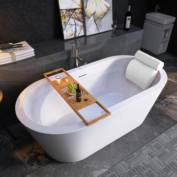 64" Free Standing Tub, Pure Acrylic Freestanding Bathtub, Stylish Stand Alone Contemporary Deep Soaking Bath Tub