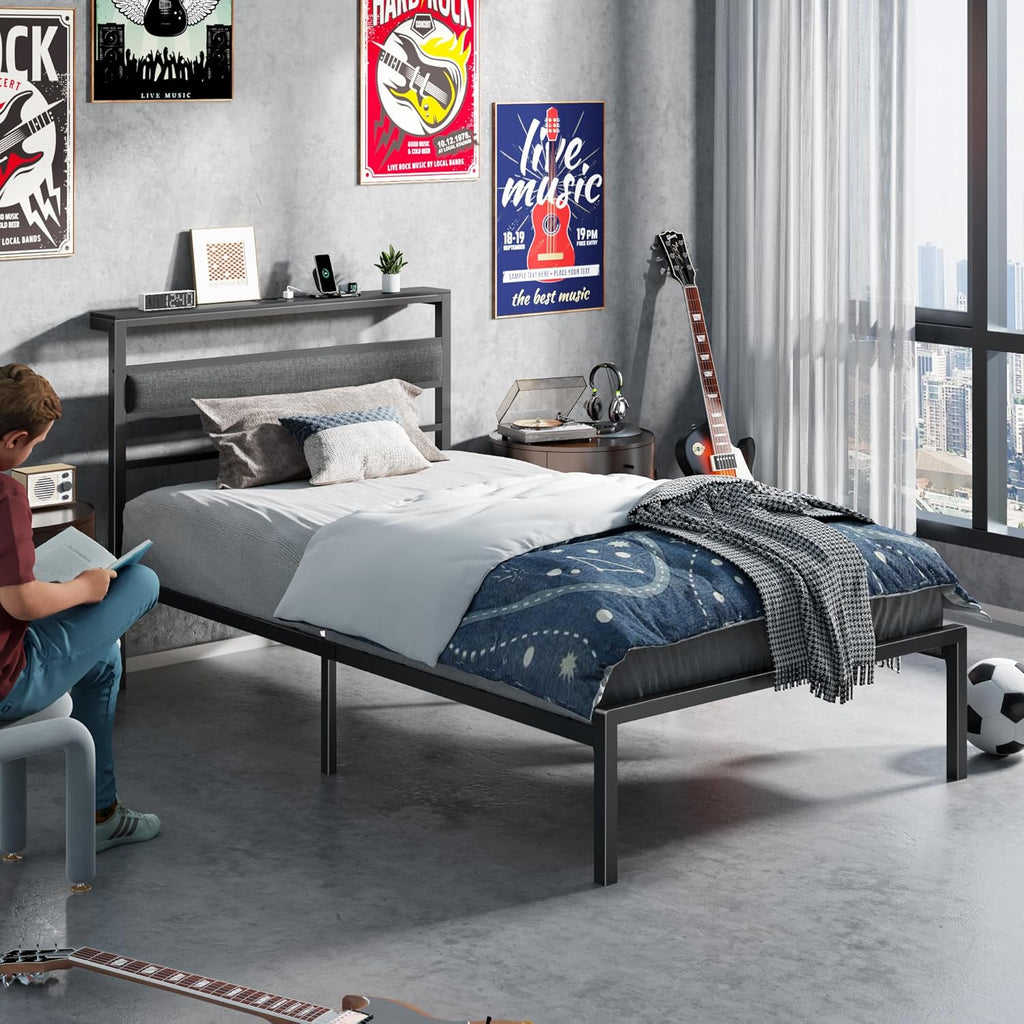 Twin Bed Frames for Kids, Upholstered Headboard and Storage Shelf | led lights, under-bed storage, no box spring