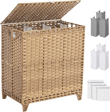 Laundry Hamper with Lid, 190L Large Laundry Basket 3 Section with 6 Removable Liner Bags & 3 Mesh Laundry Bags