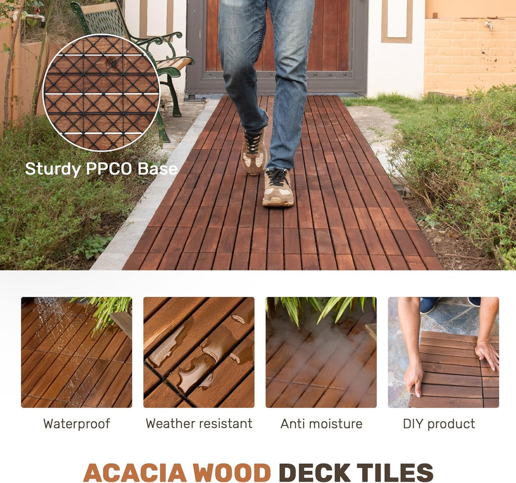Wood Interlocking Deck Tiles, 12" x 12" Square Outdoor Flooring, Water-Resistant Patio Tiles for Balcony, Poolside
