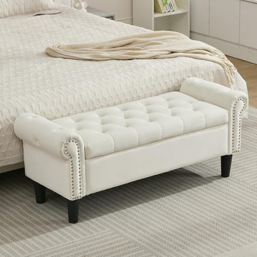 50" Storage Bench , Velvet Upholstered, Beige | End of Bedroom Bed Bench Ottoman with Tufted Cushioned Rolled Arm