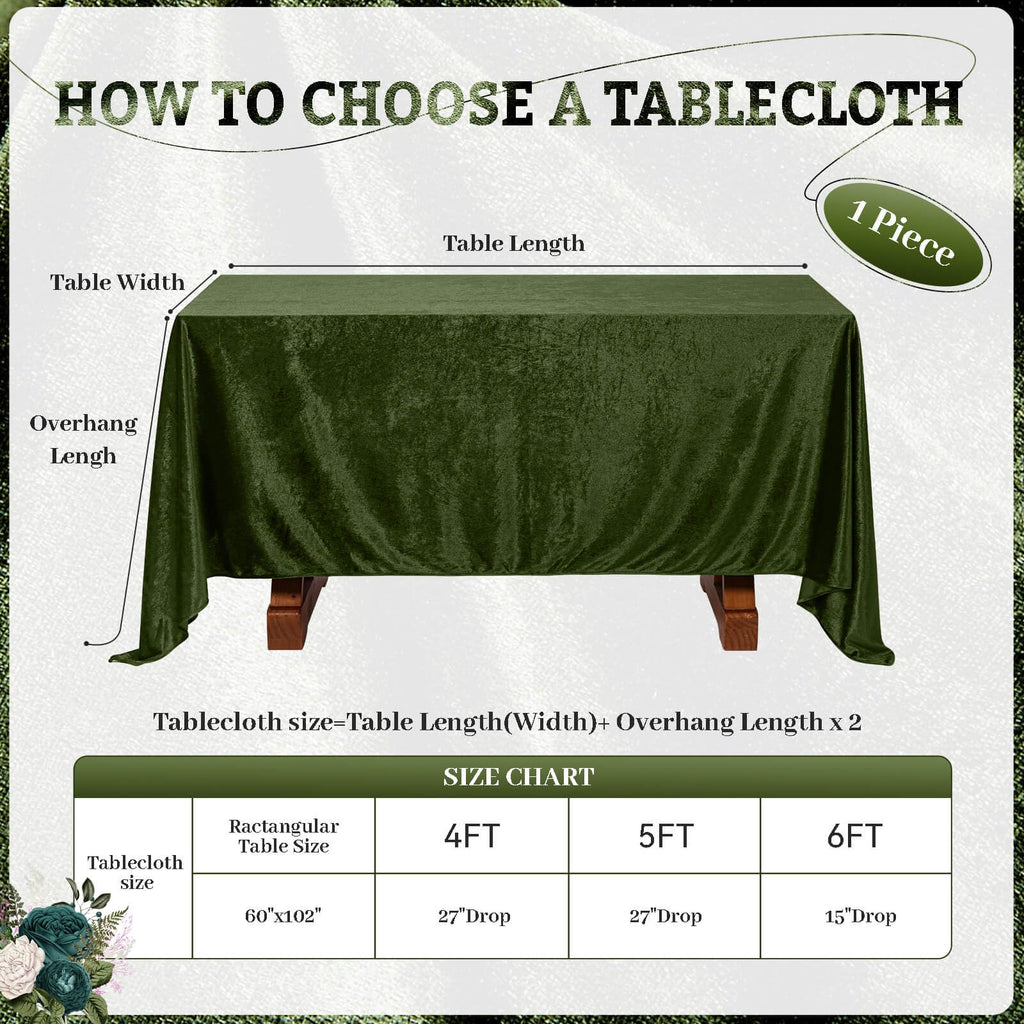 Olive Green Velvet Tablecloth 60"x102" Lush Panne Rectangular Table Cloth