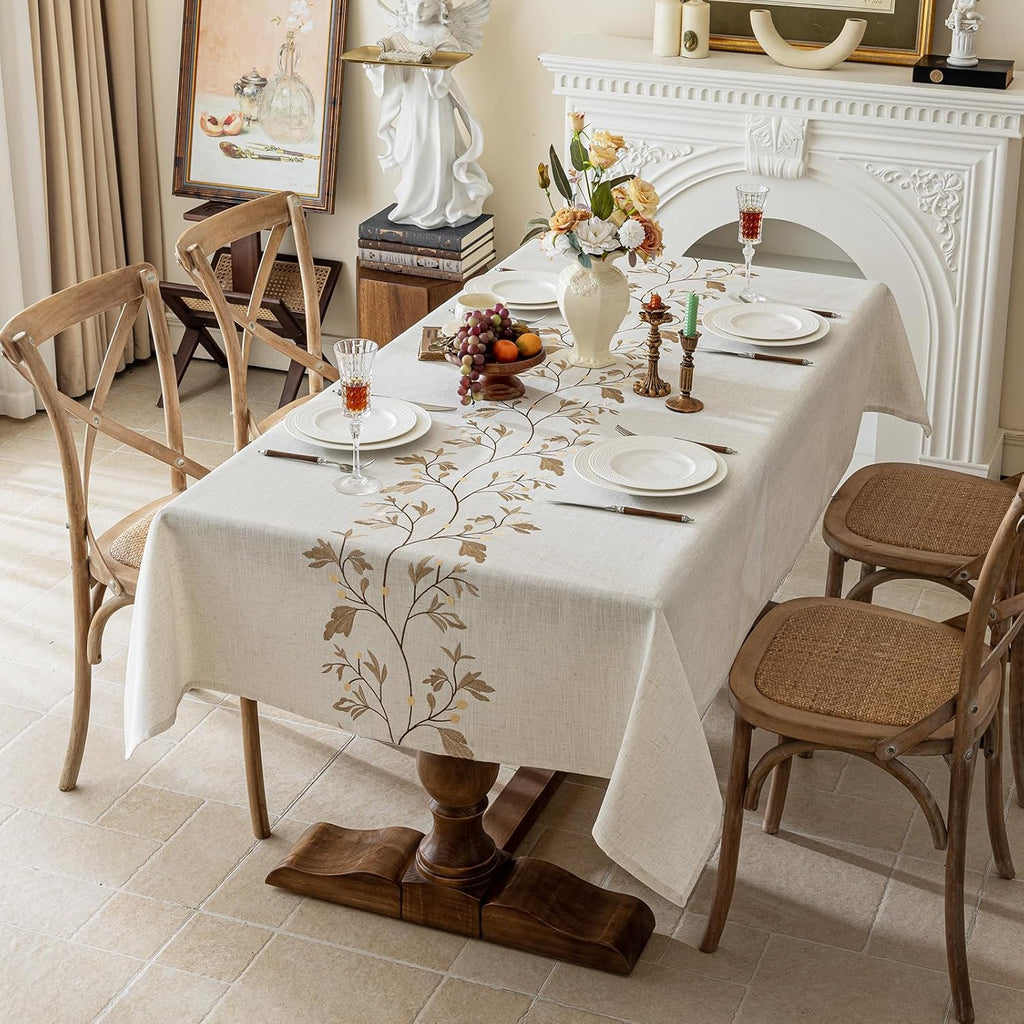 Rustic Waterproof Linen Tablecloth, Heavy Weight Beige Embroidery Table Cloths for Rectangle Tables,