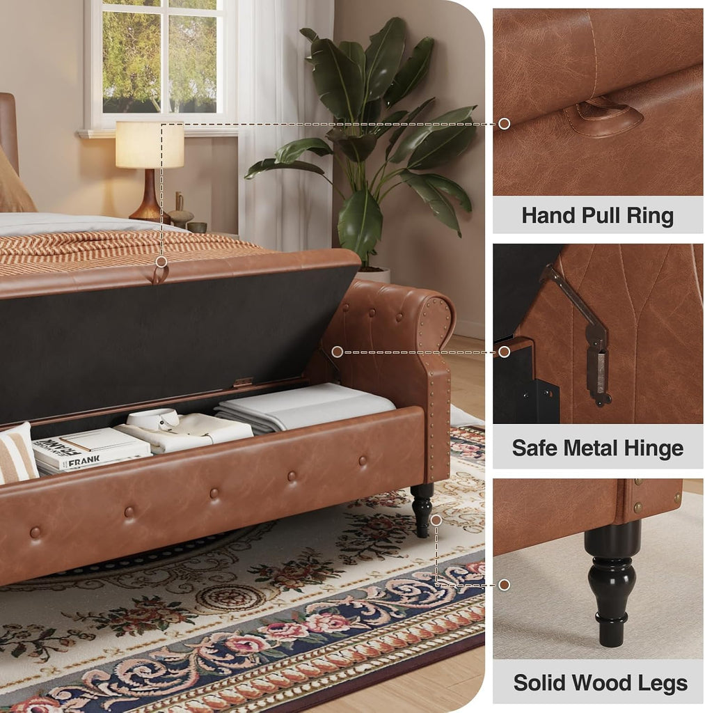 65" End of Bed Storage Bench with Rolled Arms,Storage Ottoman | Large Upholstered Shoe Benches with Nailhead