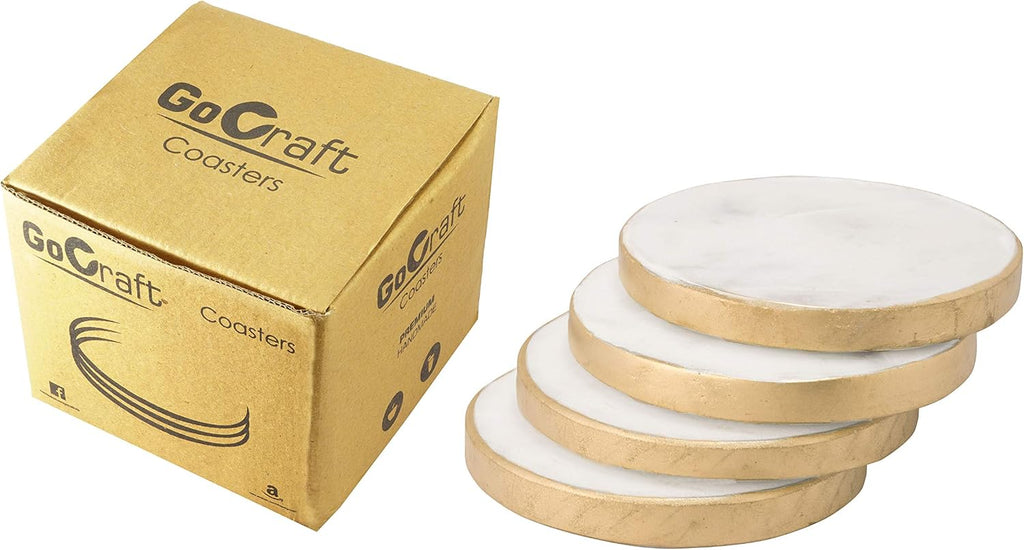 Handcrafted Marble Coasters with Gold Painted Edges - White Marble Coasters for Wine Glasses, Coffee Mugs - Set of 4