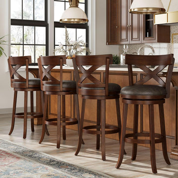 Swivel Bar Stools Set of 4, 30 Inch Bar Height Barstools with Cross Back & Solid Wood Legs,Faux Leather