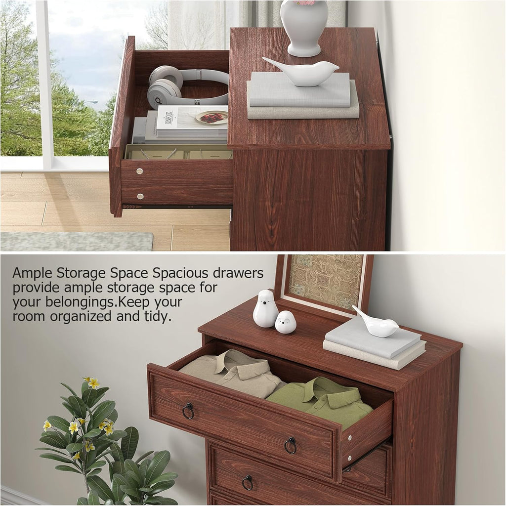 Cherry Wood Dresser 52" Tall , Wood 6 Chest Drawers, 6 Drawer Dresser, Storage for Clothes, Narrow Large Drawers