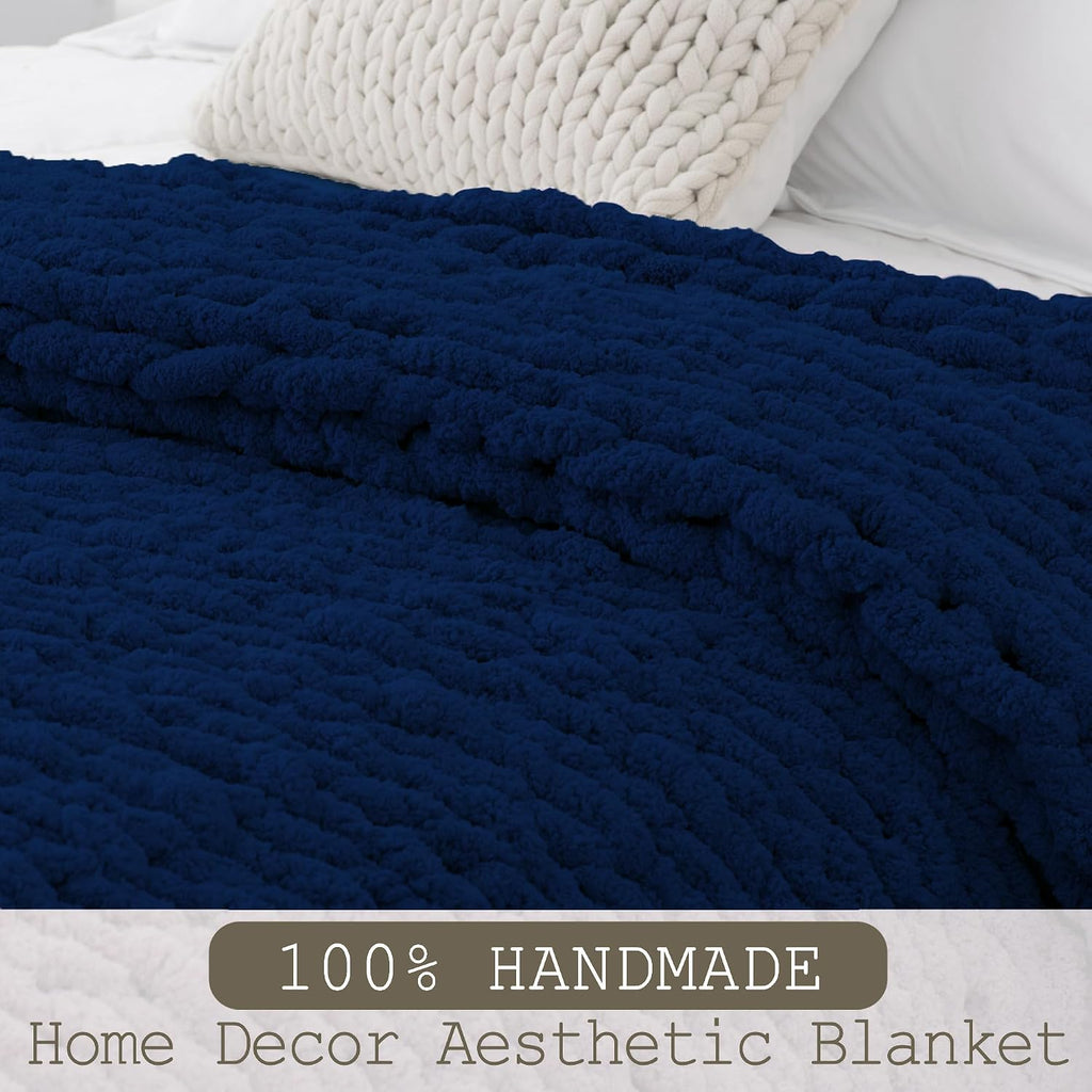 Chunky Knit Throw Blanket 50"X 60", 100% Handmade with Soft Chenille Yarn, 4.4lbs Thick Cable Knitted Blankets, Large