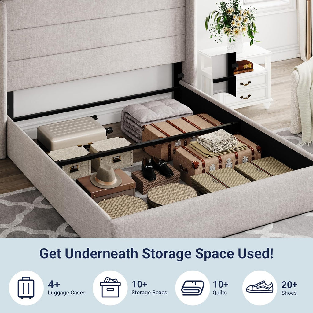 Queen Lift Up Storage Bed, Modern Wingback Headboard, Hydraulic Support, No Box Spring Needed, Light Beige
