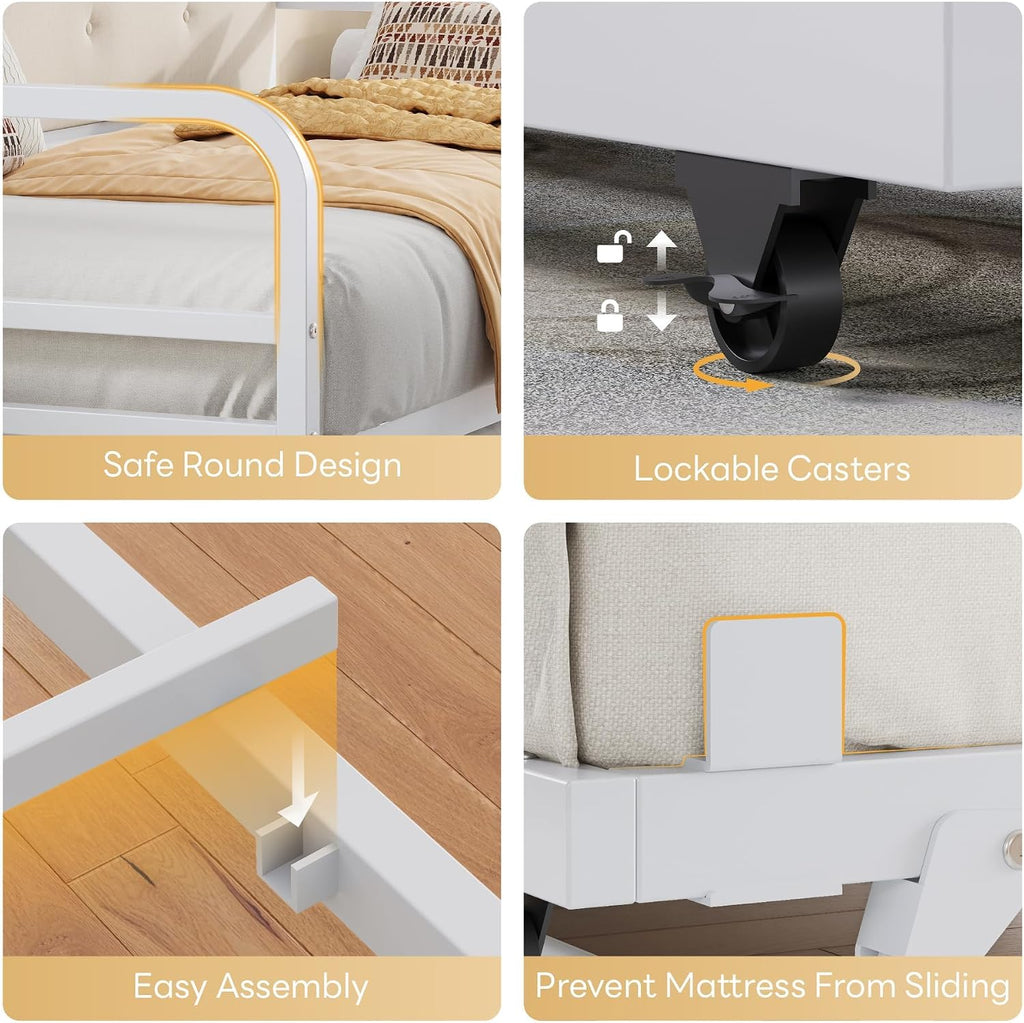 Daybed with Trundle, Twin Bed Frame,White | with Upholstered Headboard and Charging Station, Sofa Day Bed with Strong