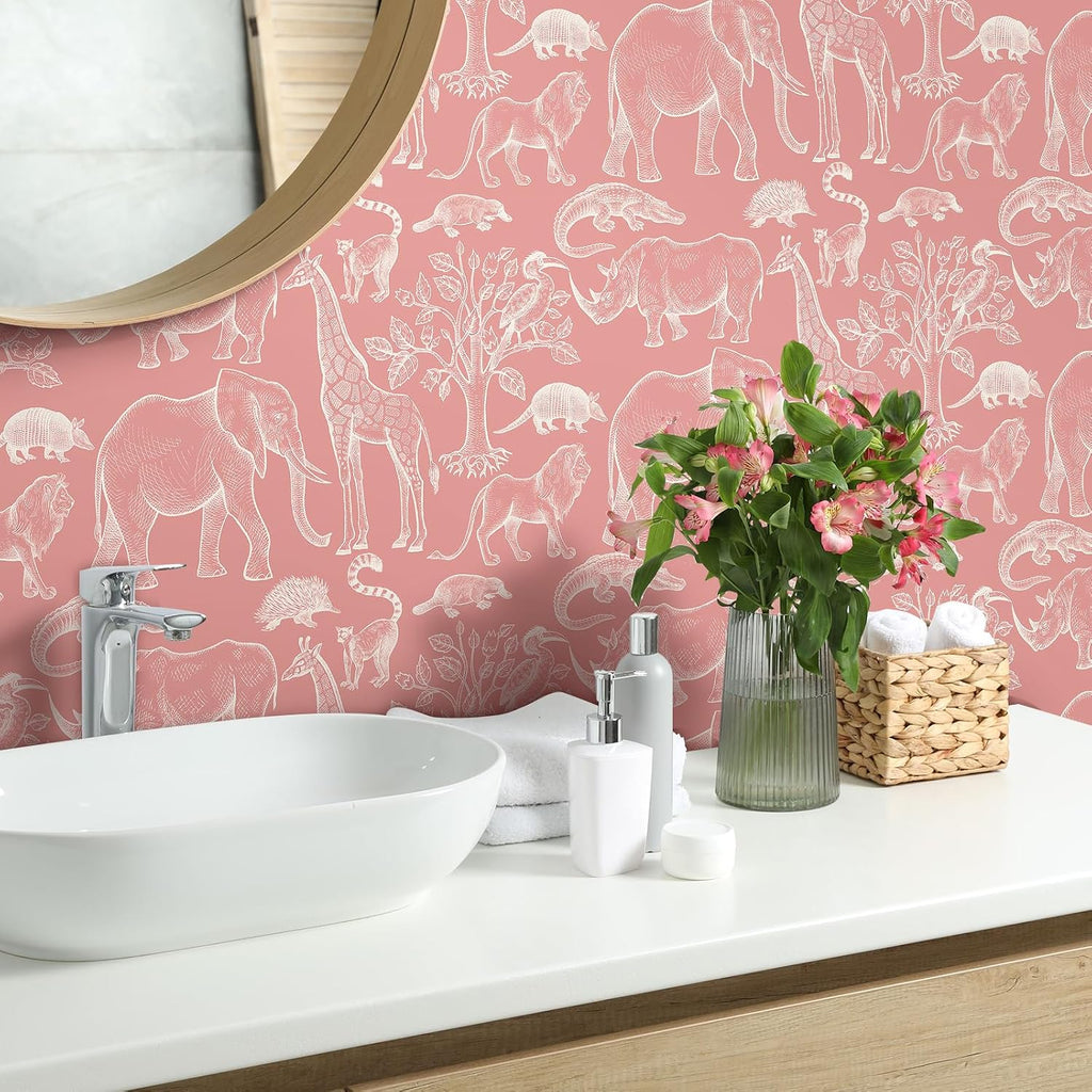 17.5x276 Cute Pink Peel and Stick Wallpaper Giraffe Bird Tree Elephant Animal Wall Paper Mural Girly Pink Contact