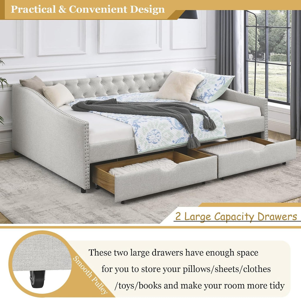 Wood Queen Size Daybed, Day Bed Frame with 2 Storage Drawers, Upholstered Bed Frame Queen Sofa Couch with Button and