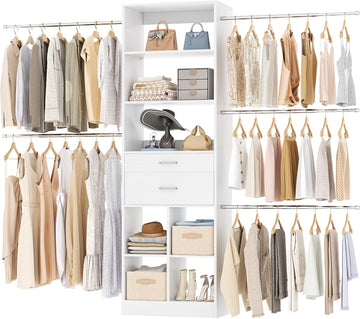 Closet System, 4-8 FT Closet Organizer Tower with 2 Wooden Drawers and Shelves, Can Fit 60 to 96 inch Walk-in Closet