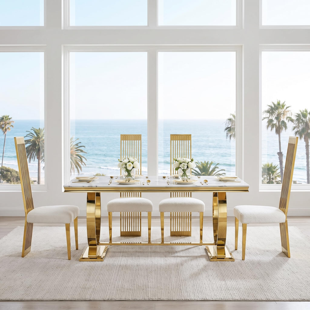 White and Gold Dining Table, Faux Marble Top, Metal Frame and U-Base