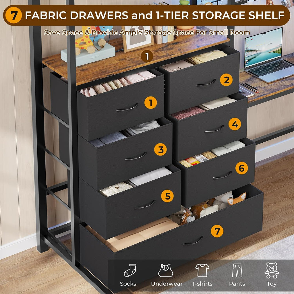 Twin Loft Bed with L-Shaped Desk and 7 Storage Drawers,Metal Twin Loft Bed for Kids with LED Lights and Charging