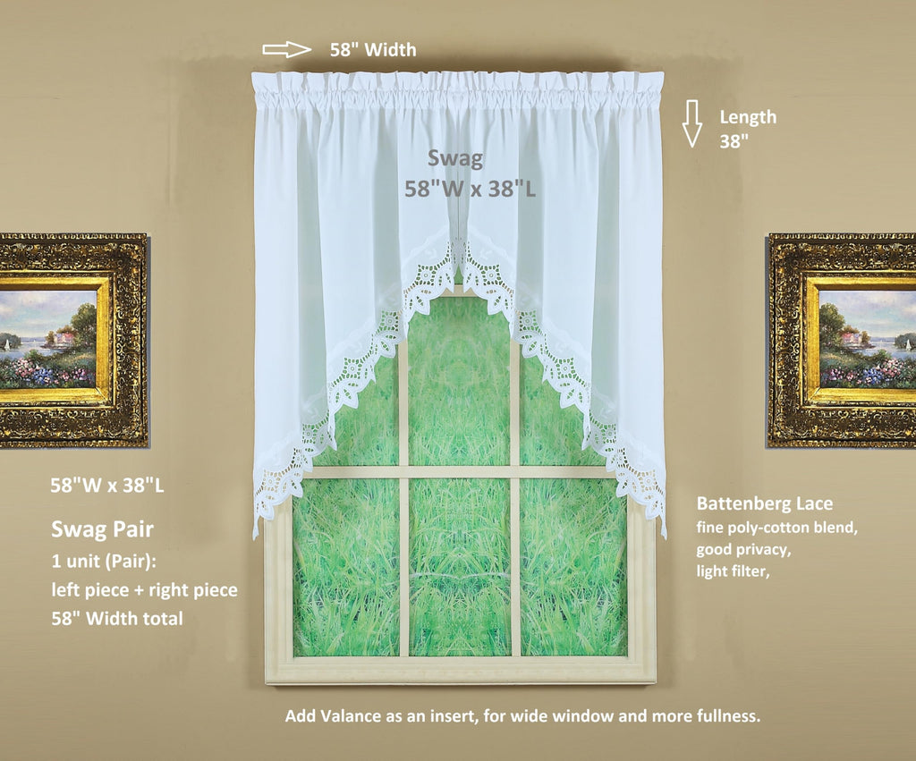 Heirloom Battenberg Eyelet Swag 38", White, 58" W x 38" L