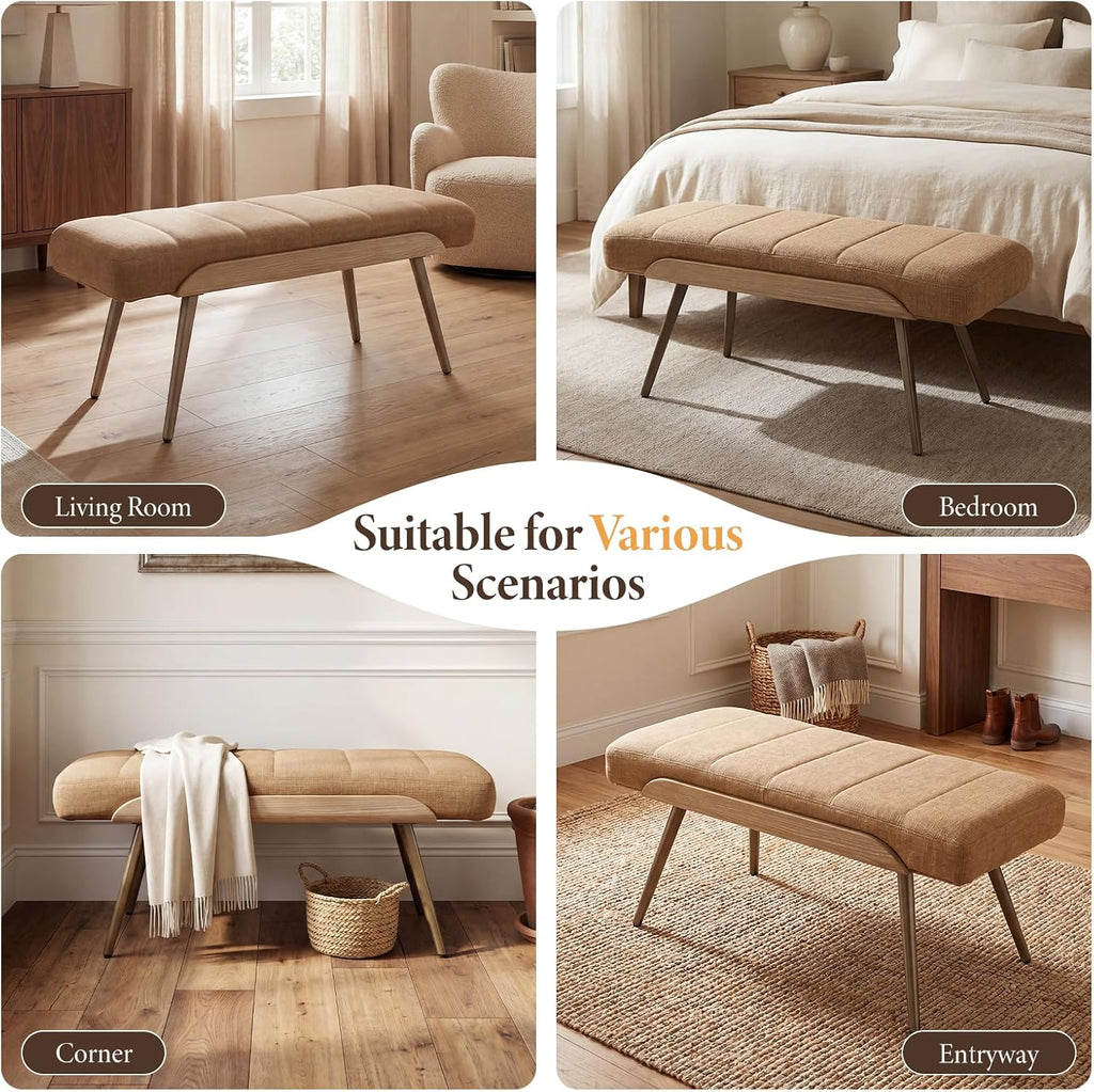 Mid-Century Modern Upholstered Bench, Channel Tufted Ottoman Bench with Solid Wood Trim and Bronze Metal Legs, 35.5"