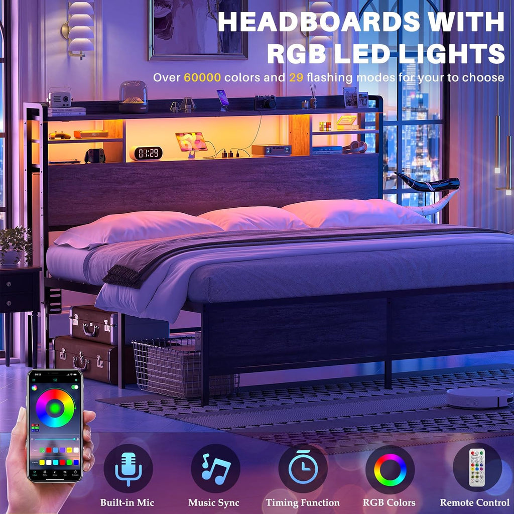 Headboard for King Bed with Storage, Headboards with LED Light, Power Outlets, USB Ports King Head Board