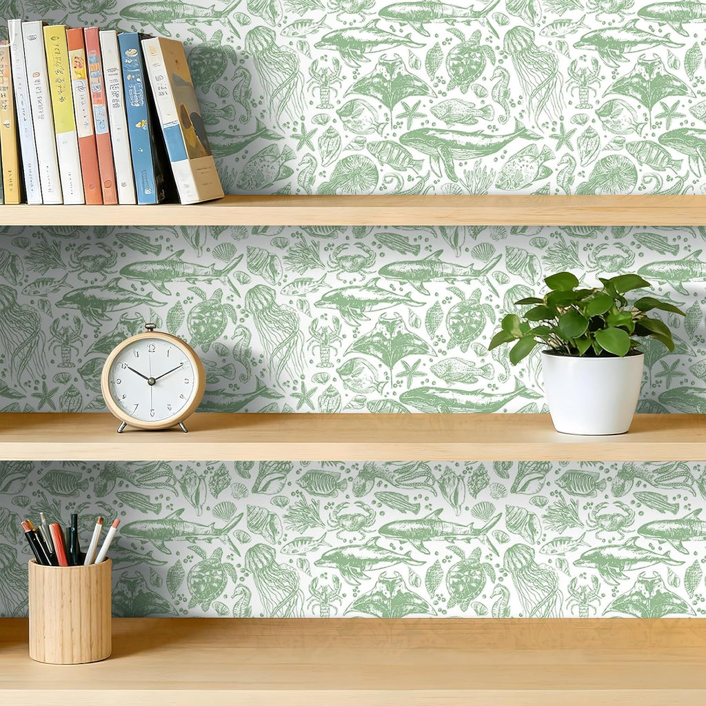 17.5x276 Coastal Peel and Stick Wallpaper Green Contact Paper Beach Nautical Ocean Renter Friendly Whale Shark Sage