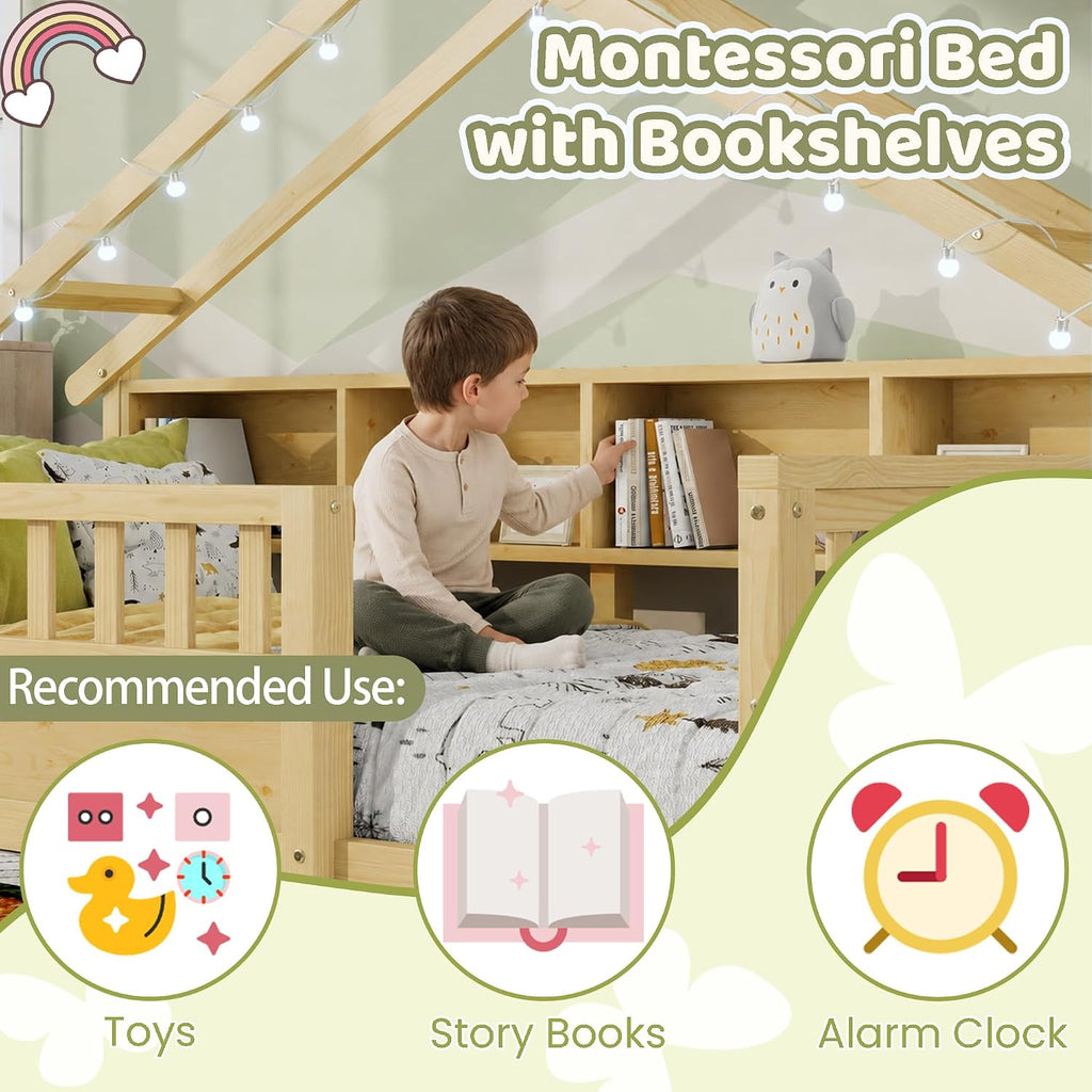 Twin Size Floor Bed with Storage Bookshelves and Light, Wooden Montessori House Bed Frame with Roof Shape, High
