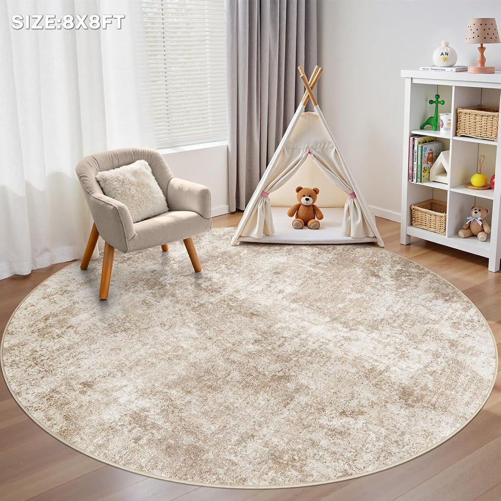 8ft Round Area Rug - 8X8 Abstract Washable Large Soft Foldable Non Slip Rug Neutral Modern Low Pile 