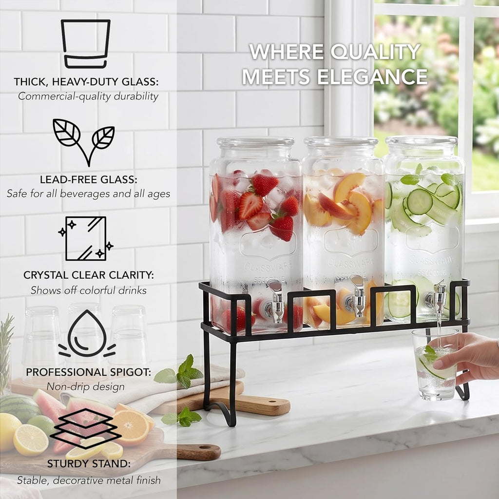 Triple Chalkboard Beverage Dispensers with Metal Stand & Spigot, Glassware for Water, Iced Tea, Punch, Cold Drinks