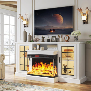 59'' Fireplace TV Stand, 3 Sided Glass Media Entertainment Center Console Table for TVs up to 65'' with Glass Door Adjustable Flame LED Color for Living Room, Set of TV Table, White
